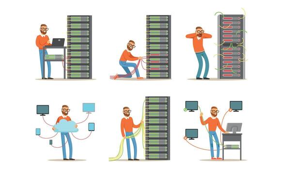 Server technician in different poses, working on computer, server, network, data storage, network, vector