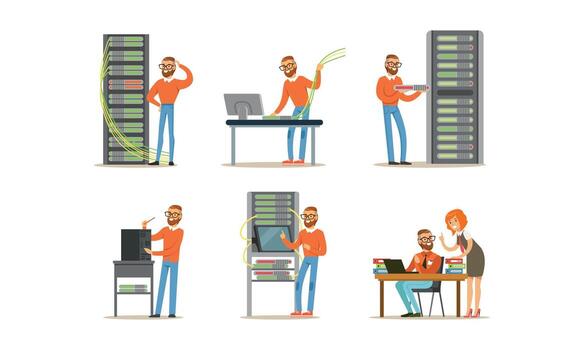 Server room with people working on computers, flat illustration vector
