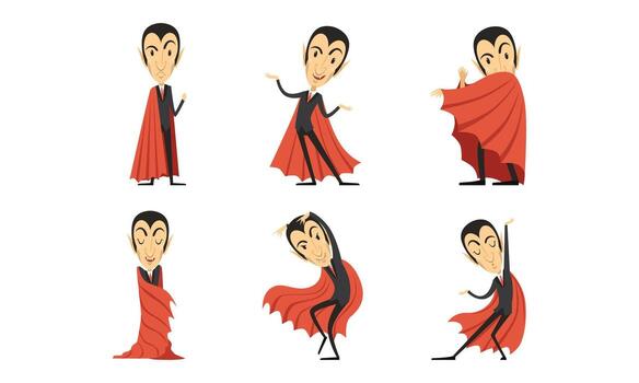 Count Dracula Wearing Red Cape as Vampire Character from Fiction Book Set vector