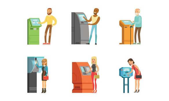 personas caracteres utilizando electrónico yo Servicio terminal ejecutando pago y recibir dinero ilustración conjunto vector