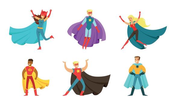 Superheroes set of colorful cartoon characters in different costumes vector