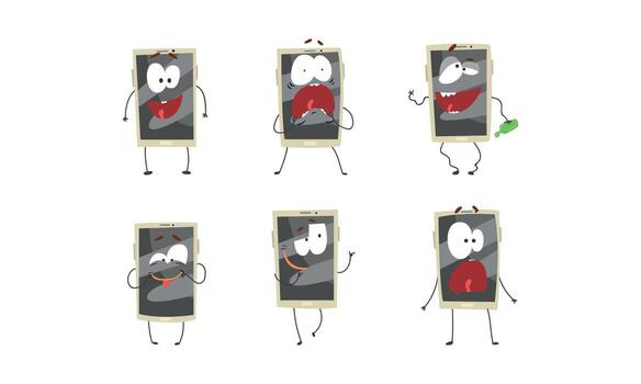 humanizado teléfono inteligente expresando diferente cara emoción conjunto vector