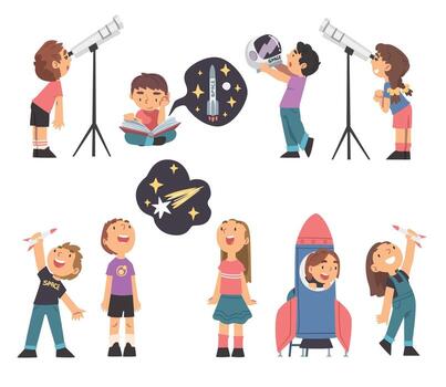 Children Characters Studying Space and Galaxy Dreaming of Being Astronaut and Playing with Spacecraft Set vector