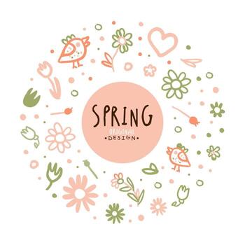 Spring flowers and birds in a circle with the words spring vector
