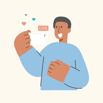 Flat cartoon character illustration of a man live streaming with a smartphone. Online broadcast, digital media, and social networking concept. vector