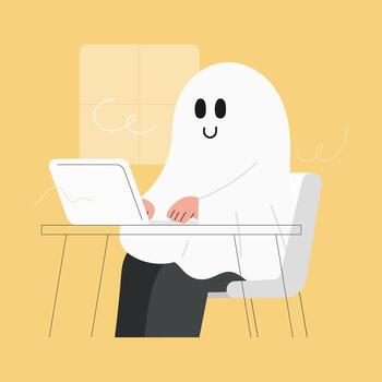 Flat cartoon character illustration of a Halloween ghost using a computer. Spooky holiday and digital technology concept. vector