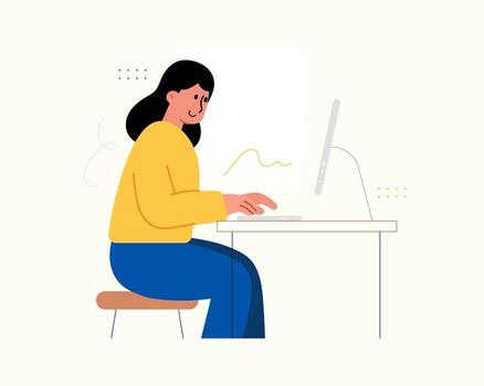 Flat cartoon character illustration of a woman using a computer. vector
