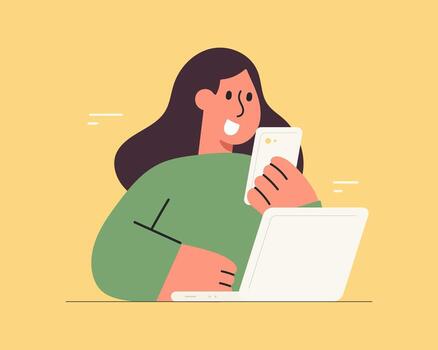 Flat cartoon character illustration using a smartphone and laptop computer. Digital technology, online communication and modern lifestyle concept. vector