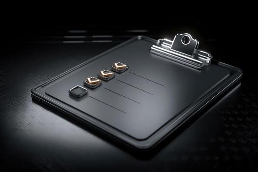 Detailed checklist with checkmarks presented on a clipboard in a dim setting photo