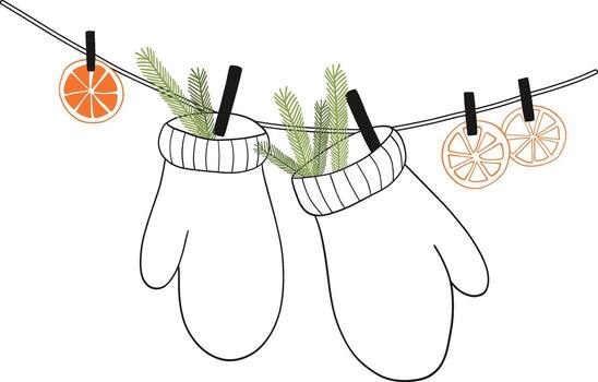 Line Art Winter Mittens with Pine Branches and Dried Orange Slices Hanging on String Illustration Design vector