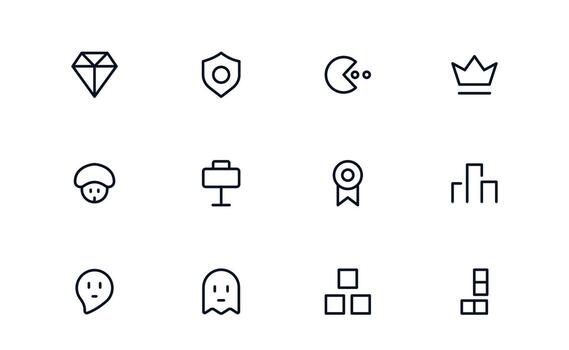 Gaming Symbols Pack. Flat Minimal Linear Outline Icons Featuring Console, Joystick, Gamepad, Headset, Keyboard, Esports. Perfect for Web, Apps, and Infographics. vector
