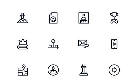 Digital Gaming Icons. Flat Linear Outline Minimal Set with Console, Joystick, Controller, Headset, Keyboard, Esports. Perfect for Apps, Websites, and Branding. vector