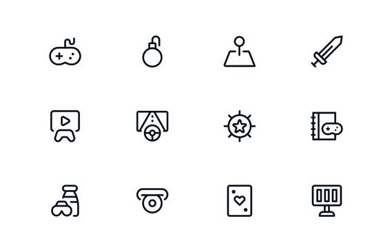Console and Gaming Icons. Flat Linear Outline Collection with Controller, Joystick, Headset, Keyboard, Esports, PC Gaming. Minimal Style for Web and UI Design. vector