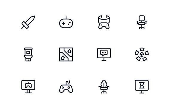 Outline Gaming Icons. Flat Linear Minimal Collection Featuring Console, Joystick, Controller, Headset, Keyboard, Esports. Perfect Pack for Apps, UI, and Web Design. vector