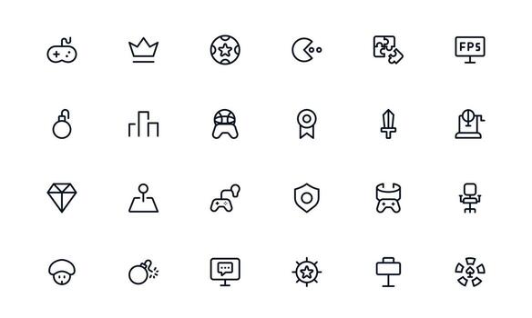Game Controller and Gaming Icons. Flat Linear Outline Collection Featuring Console, Joystick, Headset, Keyboard, Esports. Perfect for Web and UI Projects. vector