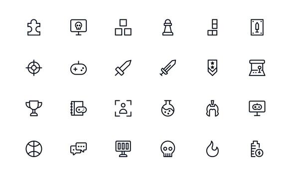 Flat Gaming Symbols. Linear Outline Minimal Icons of Console, Controller, Joystick, Headset, Keyboard, Esports. Clean Style Pack for Infographics, Apps, and Web. vector