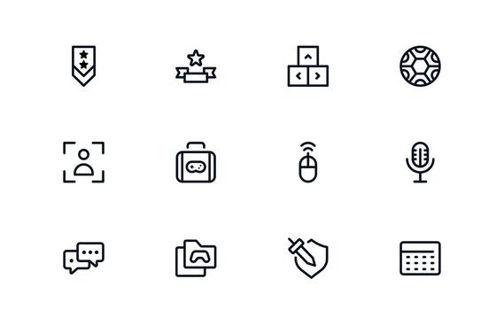 PC and Console Gaming Icons. Flat Linear Outline Minimal Collection Featuring Controller, Joystick, Headset, Keyboard, Esports. Clean Pack for Apps and Web. vector