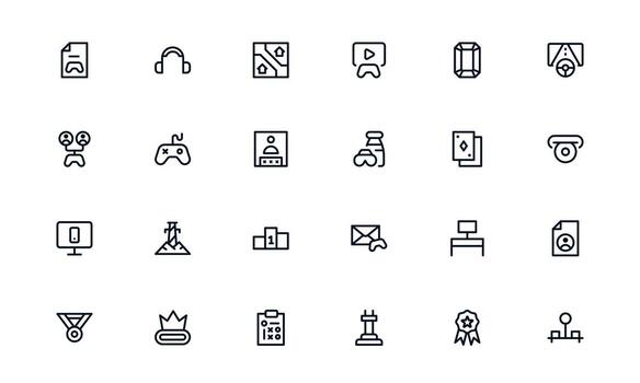 Gaming Icons Set. Flat Linear Outline Collection with Console, Controller, Joystick, Headset, Keyboard, Esports. Minimal Style for Web, Apps, and Infographics. vector