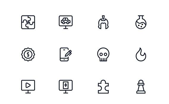 Gaming Icon Bundle. Flat Linear Outline Collection of Console, Joystick, Controller, Headset, Keyboard, Esports. Clean Minimal Symbols for UI and Infographic Projects vector