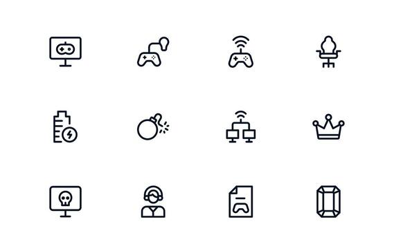 Gaming and Entertainment Icons. Flat Outline Linear Minimal Symbols with Console, Controller, Joystick, Headset, Keyboard. Perfect for Apps, Infographics, and Web. vector