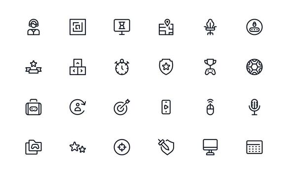 Minimal Gaming Icons. Flat Linear Outline Symbols with Console, Controller, Joystick, Keyboard, Headset, Esports. Clean Modern Pack for Apps, Web, and Infographics. vector