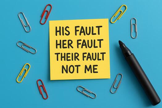 Blame Game Concept with Sticky Note and Paper Clips on Blue Background Studio Shot photo