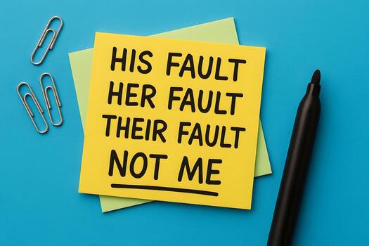 Blame Game Concept with Colorful Sticky Notes and Pen on Bright Blue Surface photo