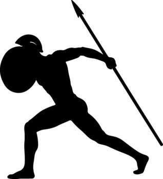 Ancient warrior silhouette with spear and shield in dynamic pose isolated on transparent background vector