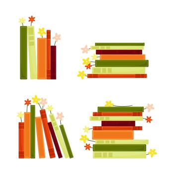 un conjunto de diferente de colores libros en un apilar con flores vector
