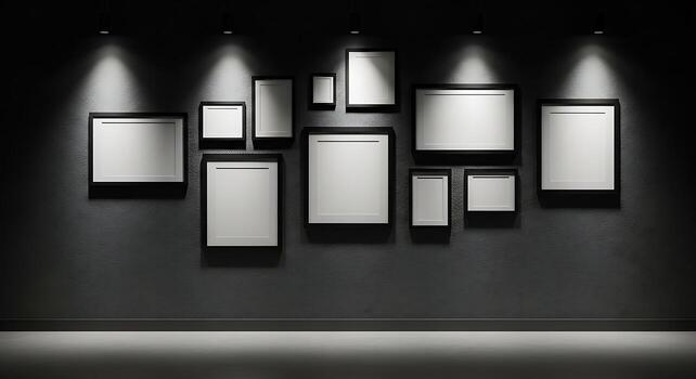 Modern gallery wall with illuminated empty picture frames on dark textured surface under spotlight photo