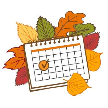 Spiral-bound calendar page marked with a check surrounded by vibrant autumn leaves. Ideal for fall planning, event reminders, seasonal promotions, and scheduling tasks. Start of autumn, sale starting vector