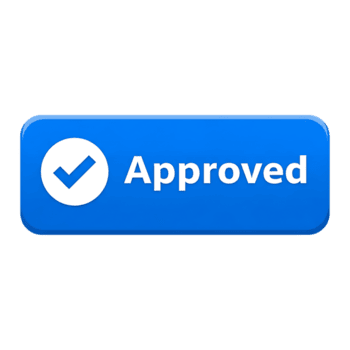 Blue button with the word approved and a white checkmark inside a circle, isolated on transparent background png