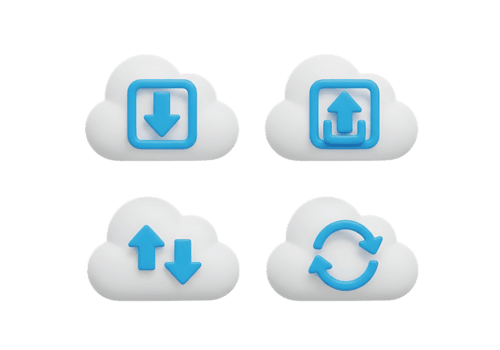 Cloud computing icons for upload, download, and sync, isolated on transparent background png