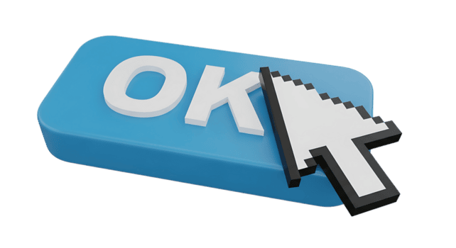 3d renderen van een computer muis cursor klikken Aan een blauw knop met de woord OK, geïsoleerd Aan transparant achtergrond png