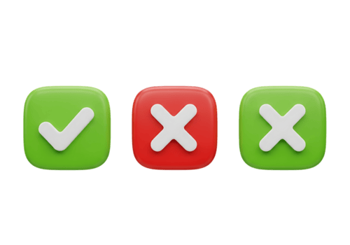 Tres cuadrado íconos verde con marca de verificación, rojo con cruz, verde con marca de verificación, aislado en transparente antecedentes png