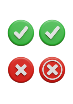 Four circular buttons with checkmarks and crosses isolated on transparent background png