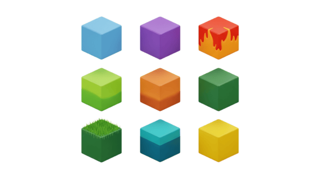 Grid of nine colorful isometric cubes with different textures and patterns isolated on transparent background png