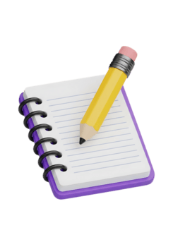 3d rendering of a yellow pencil on an open spiral notebook with purple binding, isolated on transparent background png