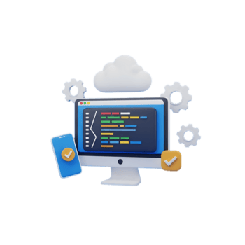 computador configuração com código em tela, telefone, nuvem, e engrenagens isolado em transparente fundo png