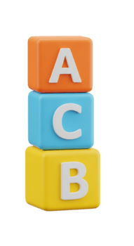 Stack of alphabet blocks with letters a, c, and b isolated on transparent background png