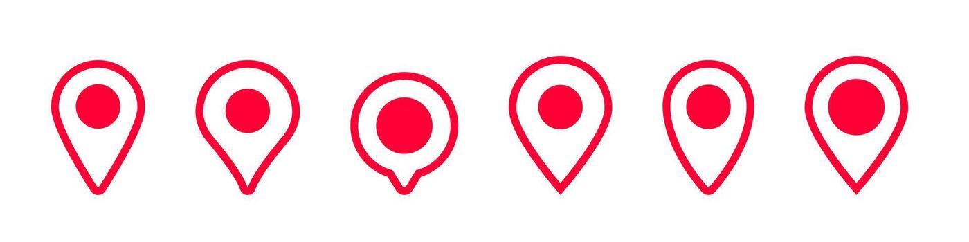 Red map location icons in different styles and designs for navigation and travel purposes vector