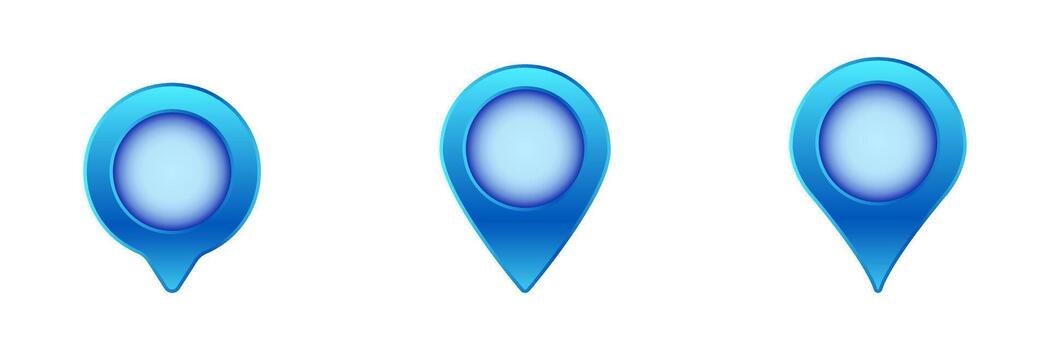 Collection of three glossy blue map pin icons in different styles and circular designs vector