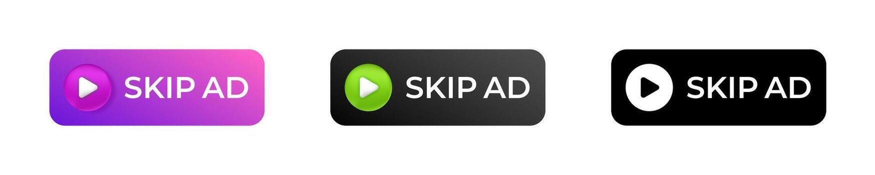 Tres vistoso omitir anuncio botones aclarar digital usuario interfaz para mejorado experiencia vector