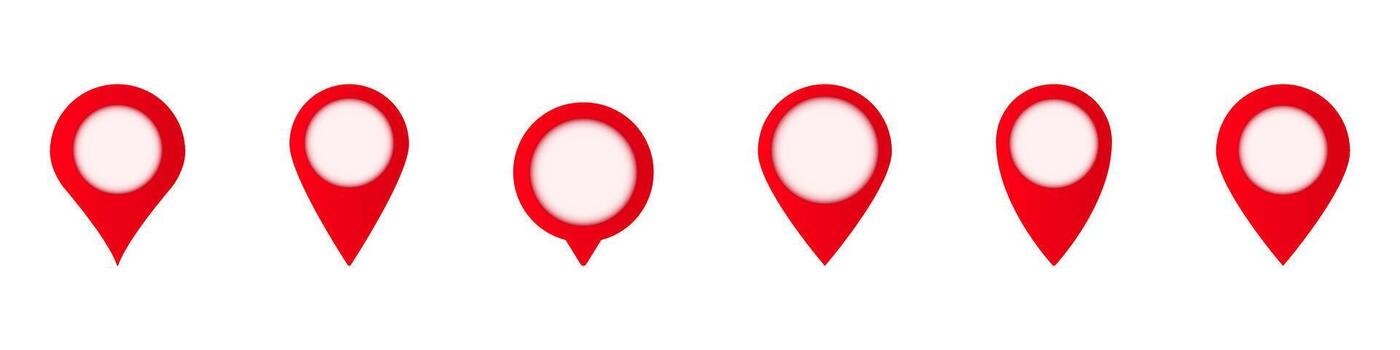 Red location pin icons in various styles for maps and navigation applications vector