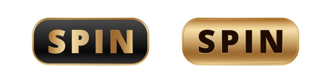 Two shiny rectangular spin buttons. black gold and gold designs with bold text vector