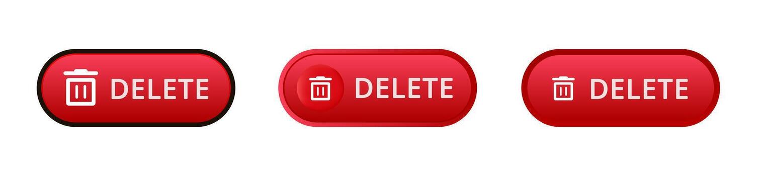 Three red delete buttons with white text and trash can icon on each surface vector