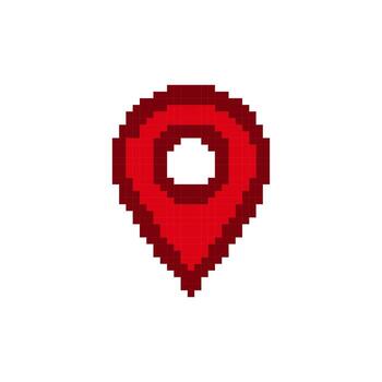 Pixel art red map pin icon for digital navigation and location-based services vector