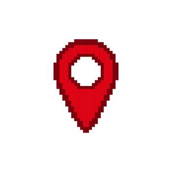Pixelated red map pin icon with simple two-dimensional design and central hollow circle vector