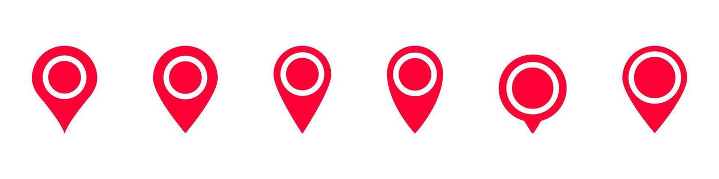 Red map location pins in various designs and styles for navigation vector