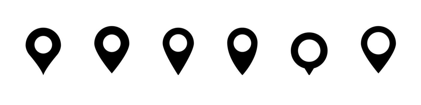 Set of six black pin icons in different styles for maps and location indicators vector